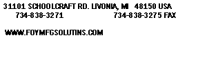 Text Box: 31101 SCHOOLCRAFT RD. LIVONIA, MI   48150 USA      734-838-3271                          734-838-3275 FAX WWW.FOYMFGSOLUTINS.COM